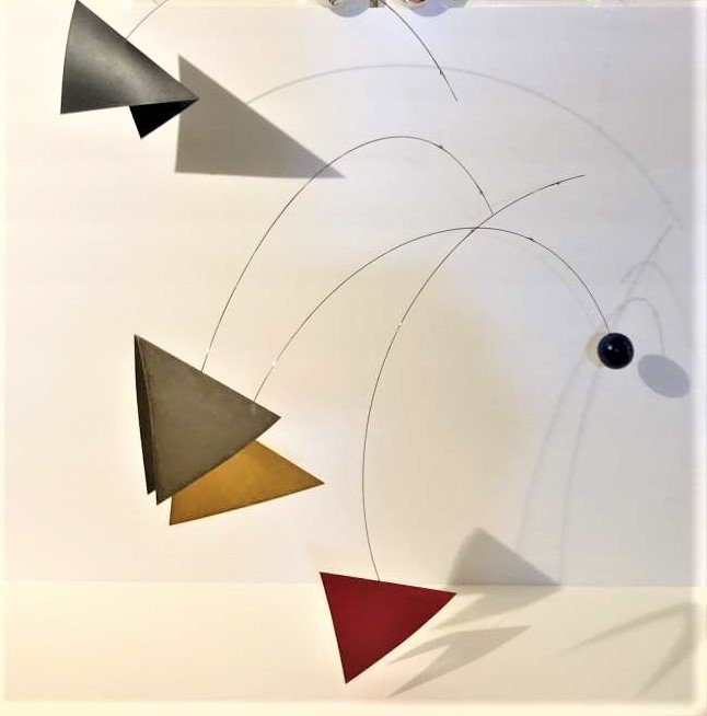 Geometric Hanging Mobile Fiber Paper Folded Triangles: Geometric Hanging Mobile Fiber Paper Folded Triangles counter balanced with a blue wooden ball, suspended by wire. Vintage. Size: 15 in. x 14 in.