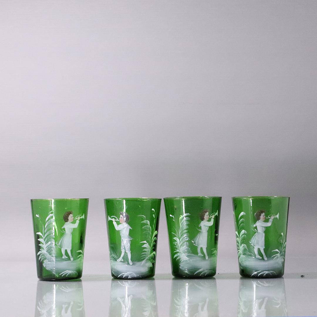 [4] Four Mary Gregory Green Drinking Glasses Bugle Boy: [4] Four Mary Gregory Green Drinking Glasses Bugle Boy. Size: 4 in. height x 3 in. wide