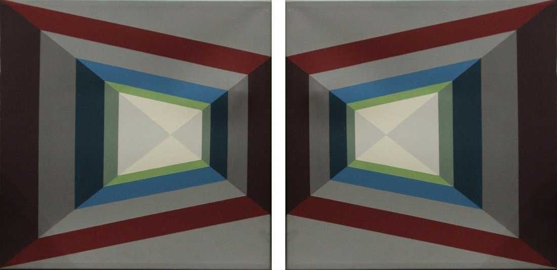 JANE BONELLI Two [2] OPTICAL ILLUSION ABSTRACT Oil/c: JANE BONELLI Two [2] OPTICAL ILLUSION ABSTRACT PAINTINGS, set of two, oil on canvas., signed on verso.Size: 24 in. x 24 in. each