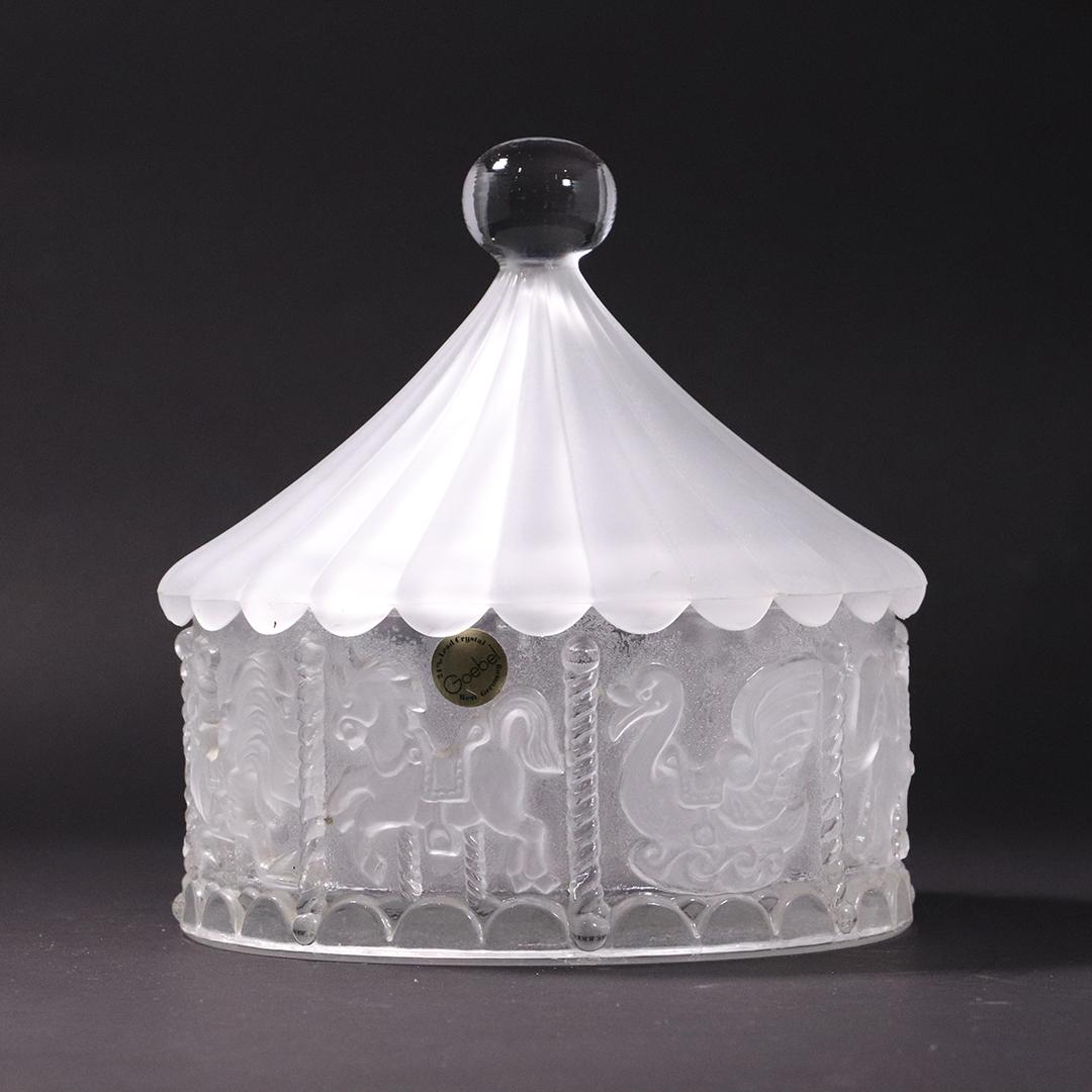 Goebel Lead Crystal Glass West Germany Carousel Box: Goebel Lead Crystal Glass West Germany Carousel Covered Box. Original label. Size: 8 in. height x 8 in. diameter