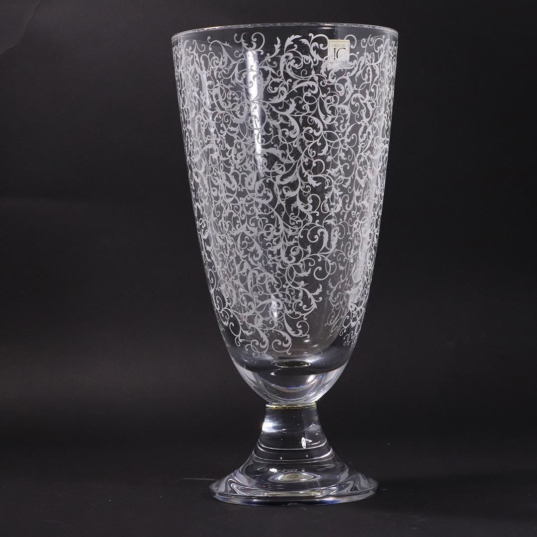 Signed CRYSTAL JG DURAND Glass Decorated Vase on Base: Signed CRYSTAL JG DURAND Glass Decorated Vase on Base. Size: 13 in. height x 6.5 in. wide