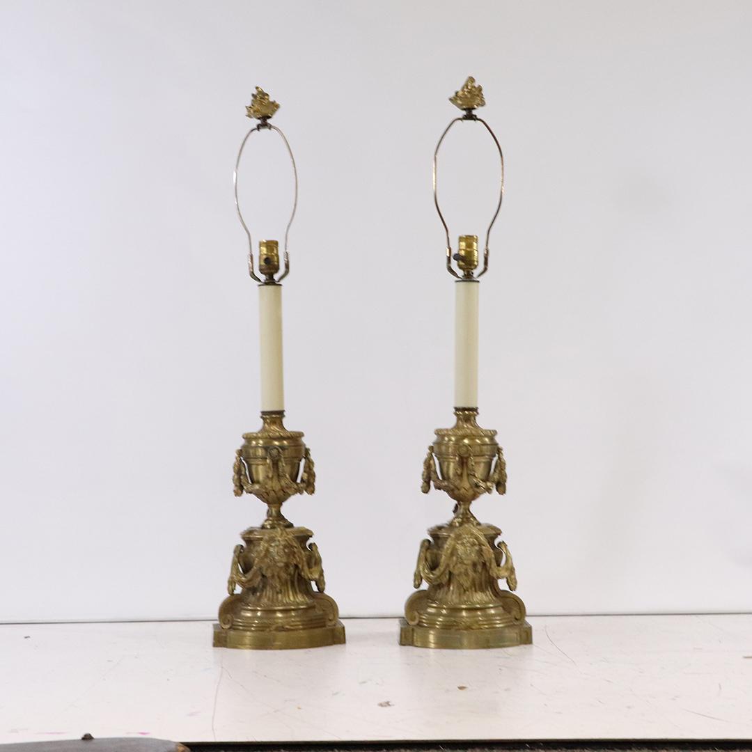 2 Quality Antique Bronze Lion Heads Chenet Table Lamps: 2 Quality Antique Bronze Lion Heads Chenet Table Lamps, a Pair. Quality heavy and detailed castings. Wiring all good. Size: 25 in. height to socket , 35 in. overall height to finial