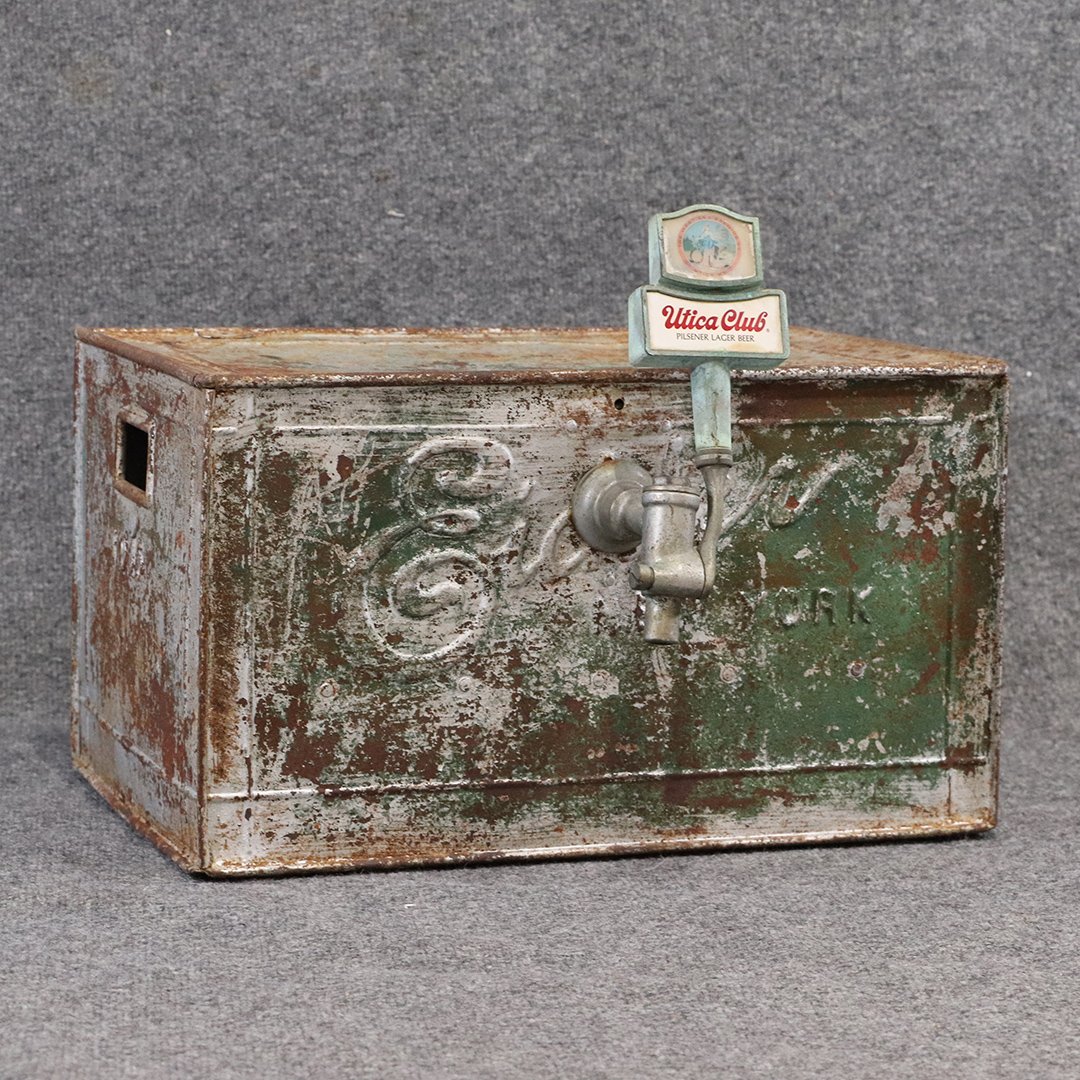 Vintage Metal Beer Keg Eichler New York, Utica Club Tap: Vintage Metal Beer Keg Box shape embossed Eichler New York, Utica Club Tap on front. Original tubing inside. Size: 11.5 in. height, 19 in. length, 13.5 in. wide.