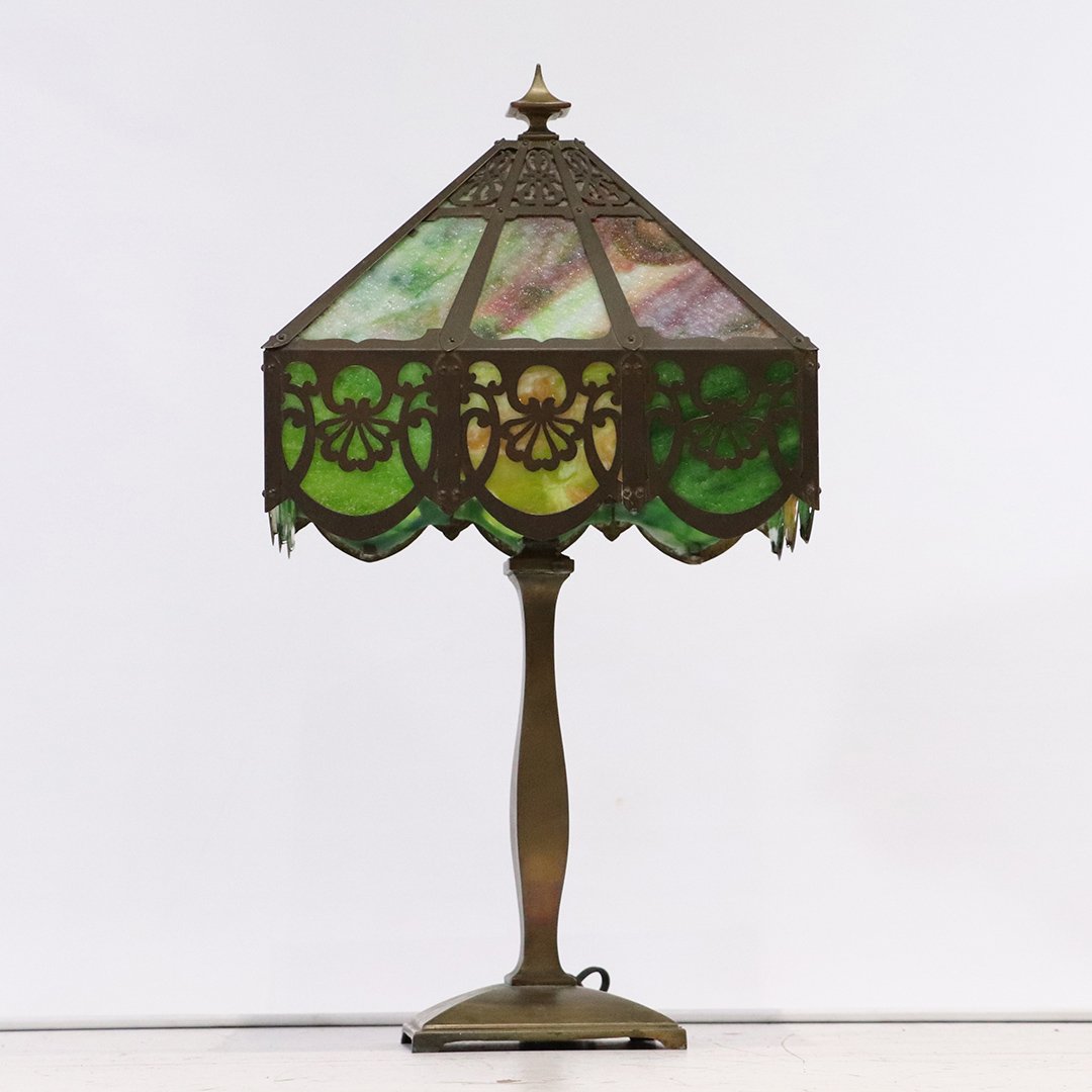 Antique Signed "SALD" Brass Frame Slag Panel Lamp: Antique Signed "SALD" Brass Frame Slag Panel Lamp. All original, original patina finish. Glass is all original but there are some cracked panels See Pics. Size: 27 in. height, shade is 14 in. diameter