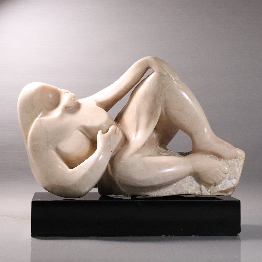 Ossip Zadkine(attributed); Modernist Nude Marble Sculpt: Ossip Zadkine(attributed to); 20thC. Modernist Nude Marble Sculpture. Unsigned. ;Modernist carved marble grouping. A Reclining Nude. Attributed to Ossip Zadkine(New York / Russian Federation/ France 1