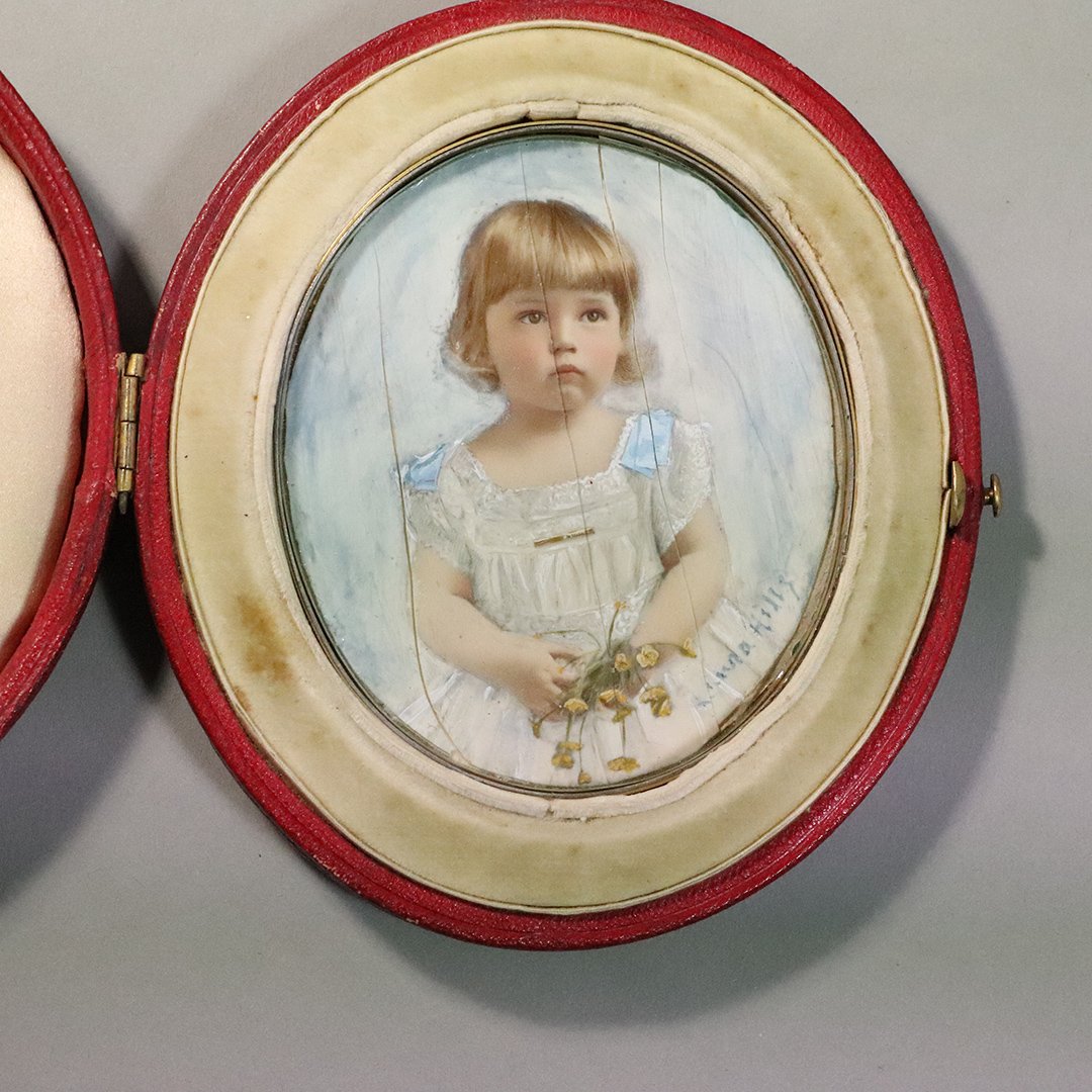 Laura Coombs Hills, Miniature Portrait Painting Signed: Laura Coombs Hills, Miniature Portrait Painting Signed . ; Miniature painting of a young girl. Signed lower right. In original fitted case; 3.5in. X 3in.(image), 5.5in. X 4.5in.(case) AS IS with exten