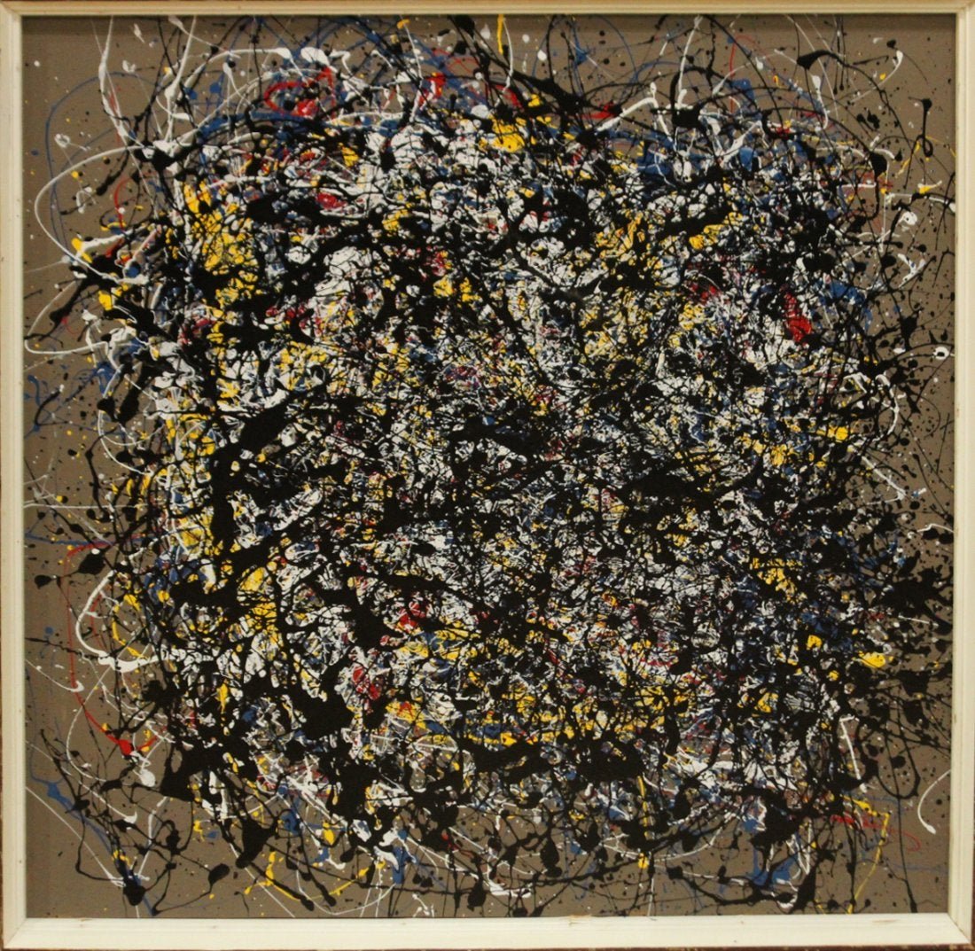 Jackson Pollock Style Mid-Century Drip Art Oil Painting: Jackson Pollock Style Mid-Century Drip Art Oil Painting on canvas. Large size, framed, unsigned. Great quality. Size: 36 in. x 36 in. , outside of frame 37 in. x 37 in.
