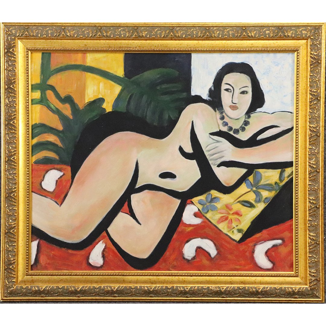After Henri Matisse, Mid-Century Oil/b Reclining Nude: After Henri Matisse, Mid-Century Oil/b Reclining Nude Woman. Oil on board Painting, Quality gold framing. Size: image 20 in. x 24 in.; outer frame 25 in. x 29 in.