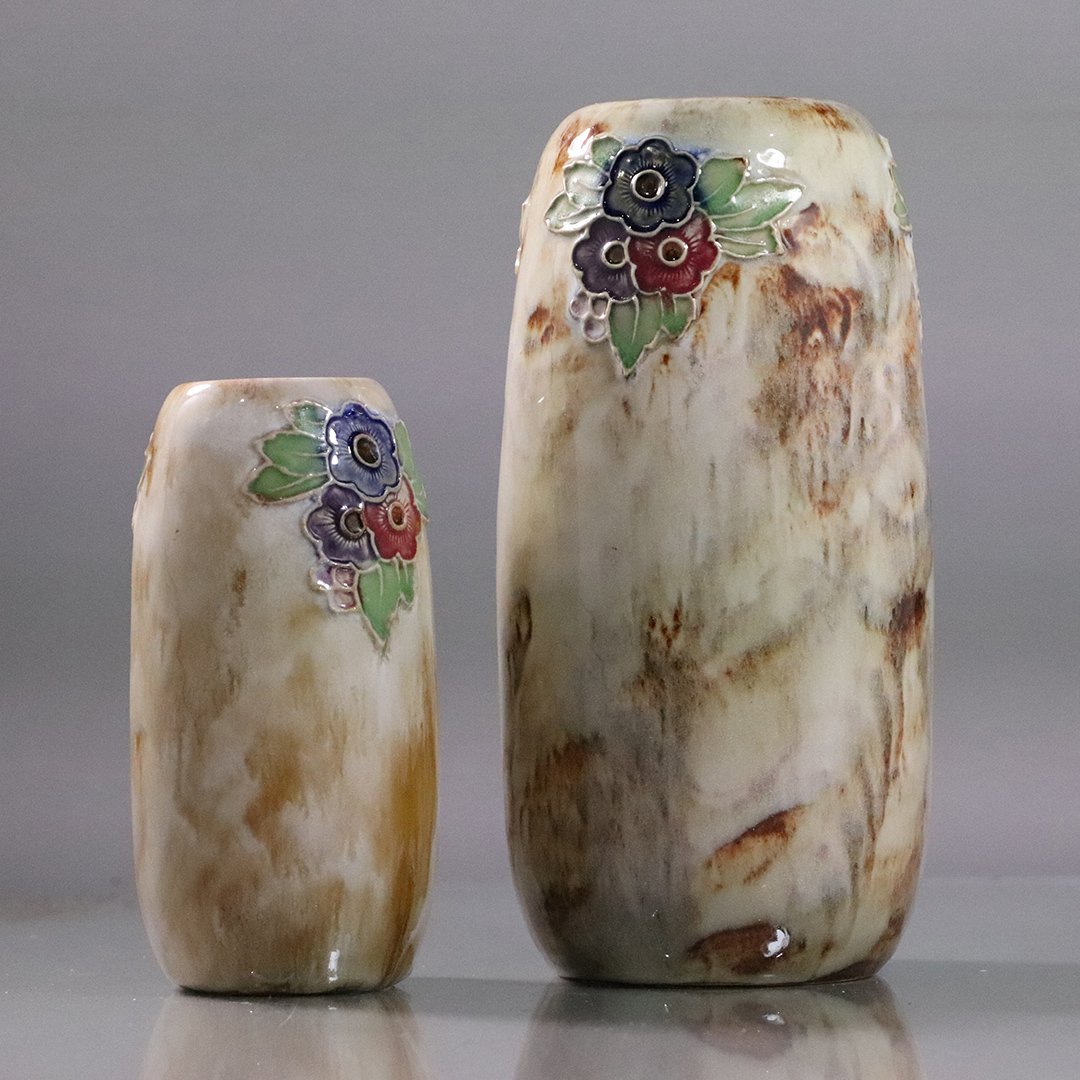 [2] Two Royal Doulton Aesthetic / Art Deco Vases Floral: [2] Two Royal Doulton Aesthetic / Art Deco Vases Modeled with flowers, the large vase has inscription on base: With the compliments of the work master and bethren of Renaissance Lodge 3408, January 22