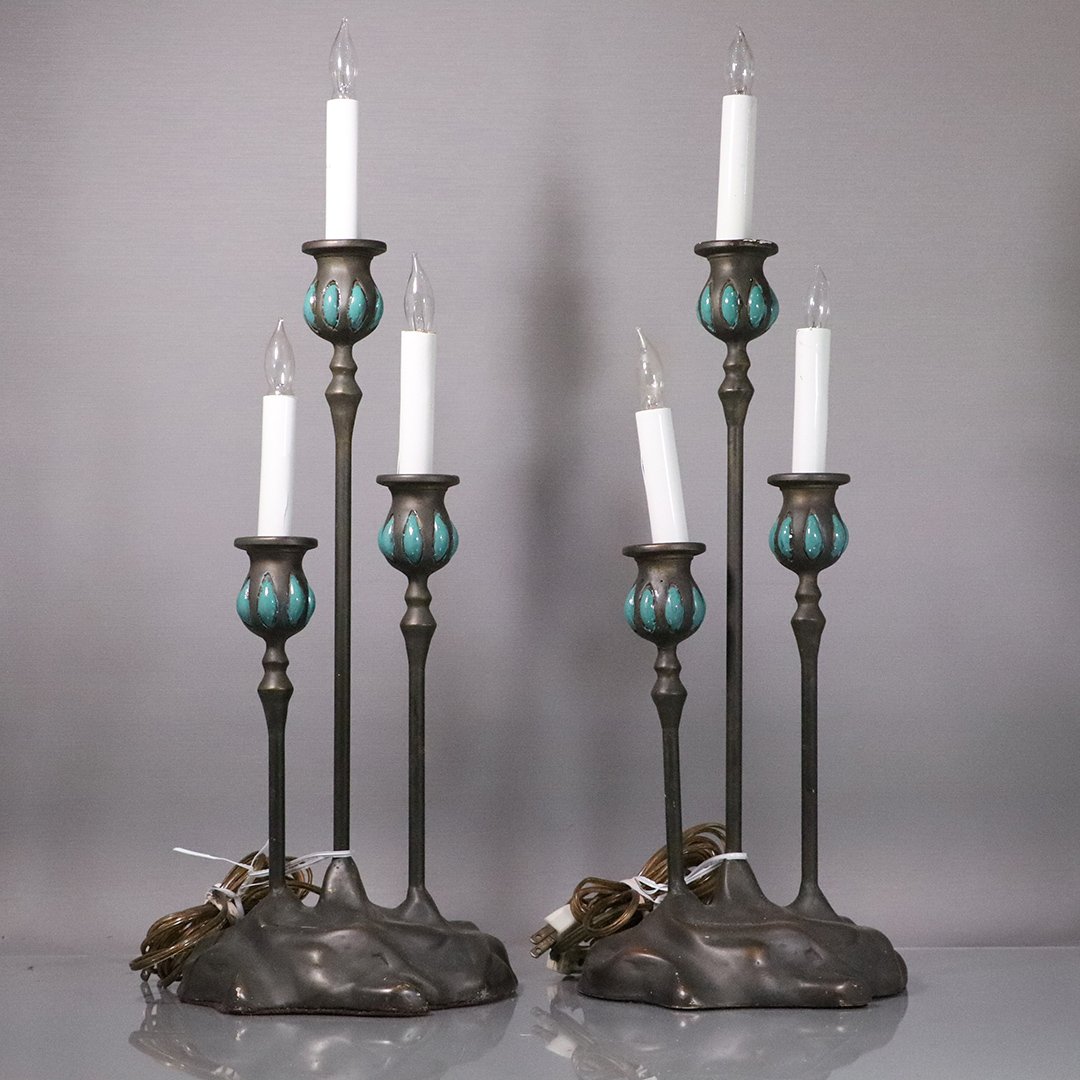 Pair Arts & Craft Style Bronzed Metal Candlestick Lamps Jun 08, 2020