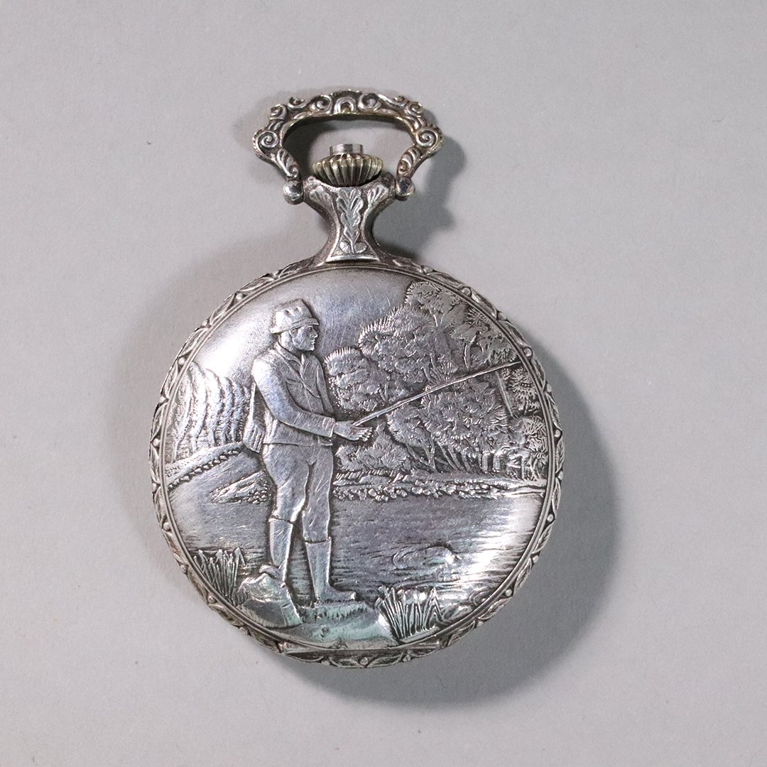 Hunting Case Pocket Watch, Marcel Swiss, Fly Fisherman: Hunting Case Pocket Watch, Marcel Swiss, Fly Fisherman on a fancy case. Working condition. Size: 2.25 in. diameter