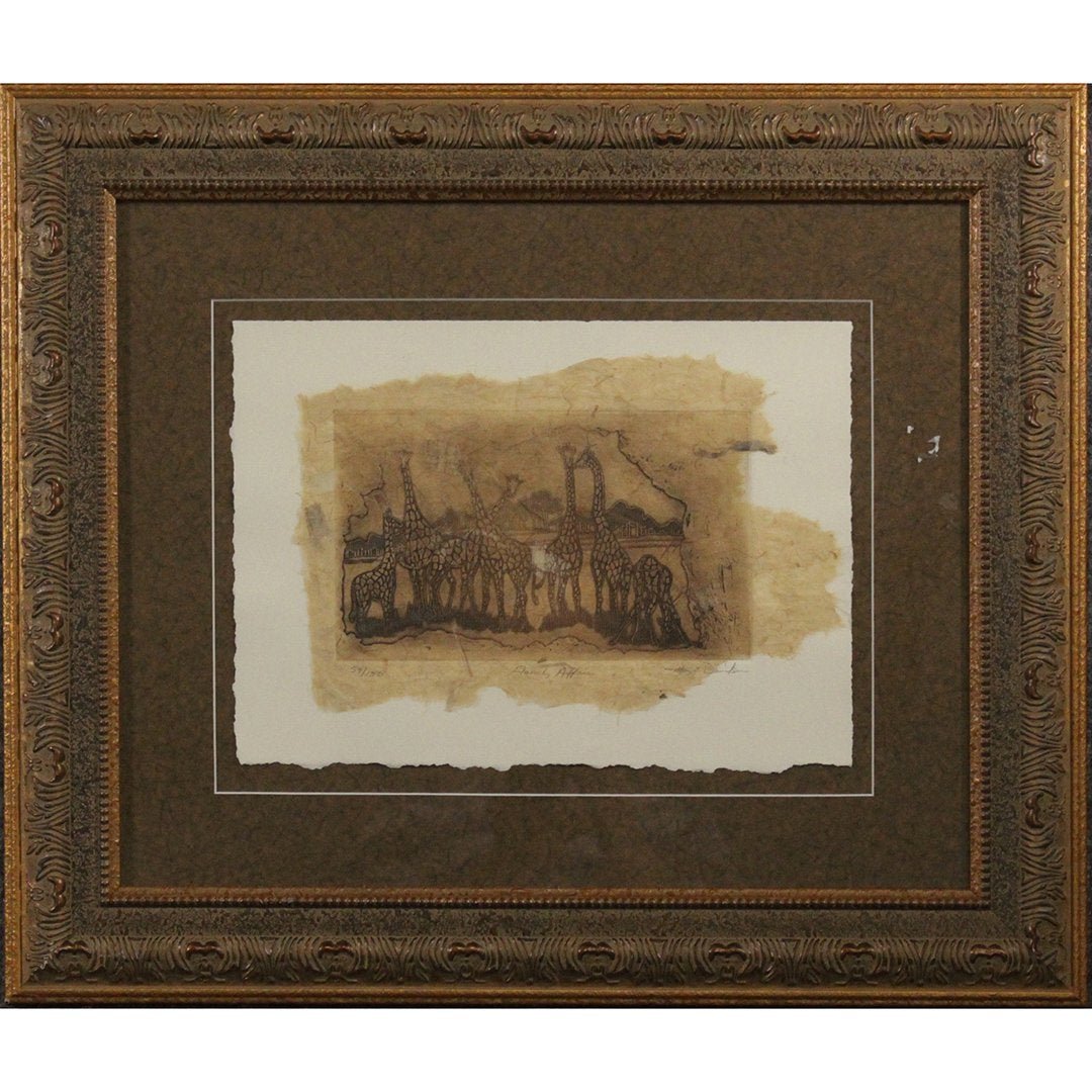 Mary Ellen Davidson, Etching, Giraffes "Family Affair": Mary Ellen Davidson, Alabama, Etching, Giraffes. Titled: Family Affair, numbered. pencil signed, biography on verso.Size: 11.5 in. x 15.5 inches image, 21.5 in. x 25.5 inches outside frame