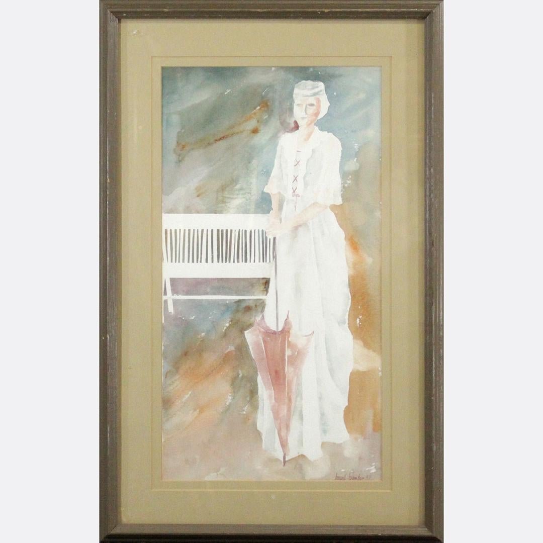 HOWELL BAXTER, W/c After The Rain Lady in White Dress: HOWELL BAXTER, W/c After The Rain Lady in White Dress Holding Umbrella. Signed, dated. Original framing. Watercolor painting.Size: 21 in x 11.5 in inches image, 28 in. x 18 inches outside frame