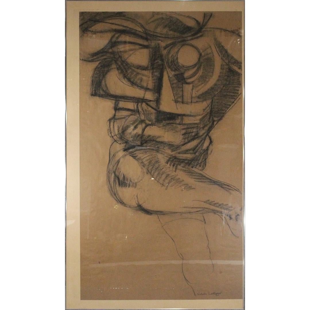 Nicholas Luttinger, Cubistic Charcoal Sketch MaleTorso: Nicholas Luttinger, Cubistic Charcoal Sketch / Drawing of a Male Torso. Titled: Artificer. Information on verso. Large size, Original framing. Signed. Well known New York City Artist. Vintage. Mid-Cen