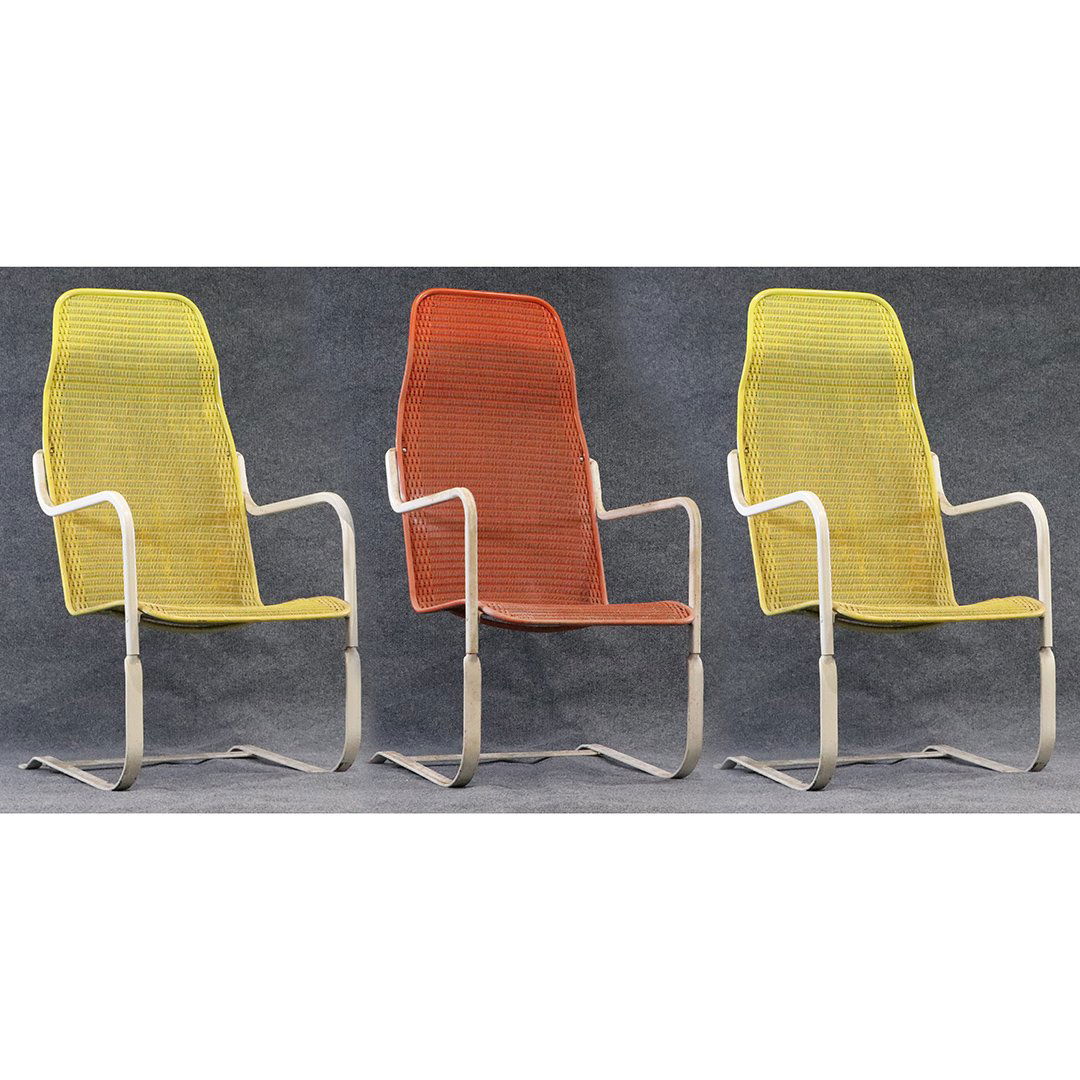 Three Mid-Century Modern LLOYD High Back Outdoor Chairs: [3] Three Mid-Century Modern LLOYD High Back Outdoor Chairs, Spring leg frame bases, 2 colors original paint finish: 2 are yellow, other is orange. Original label on underside: LLOYD Manufacturing Co.