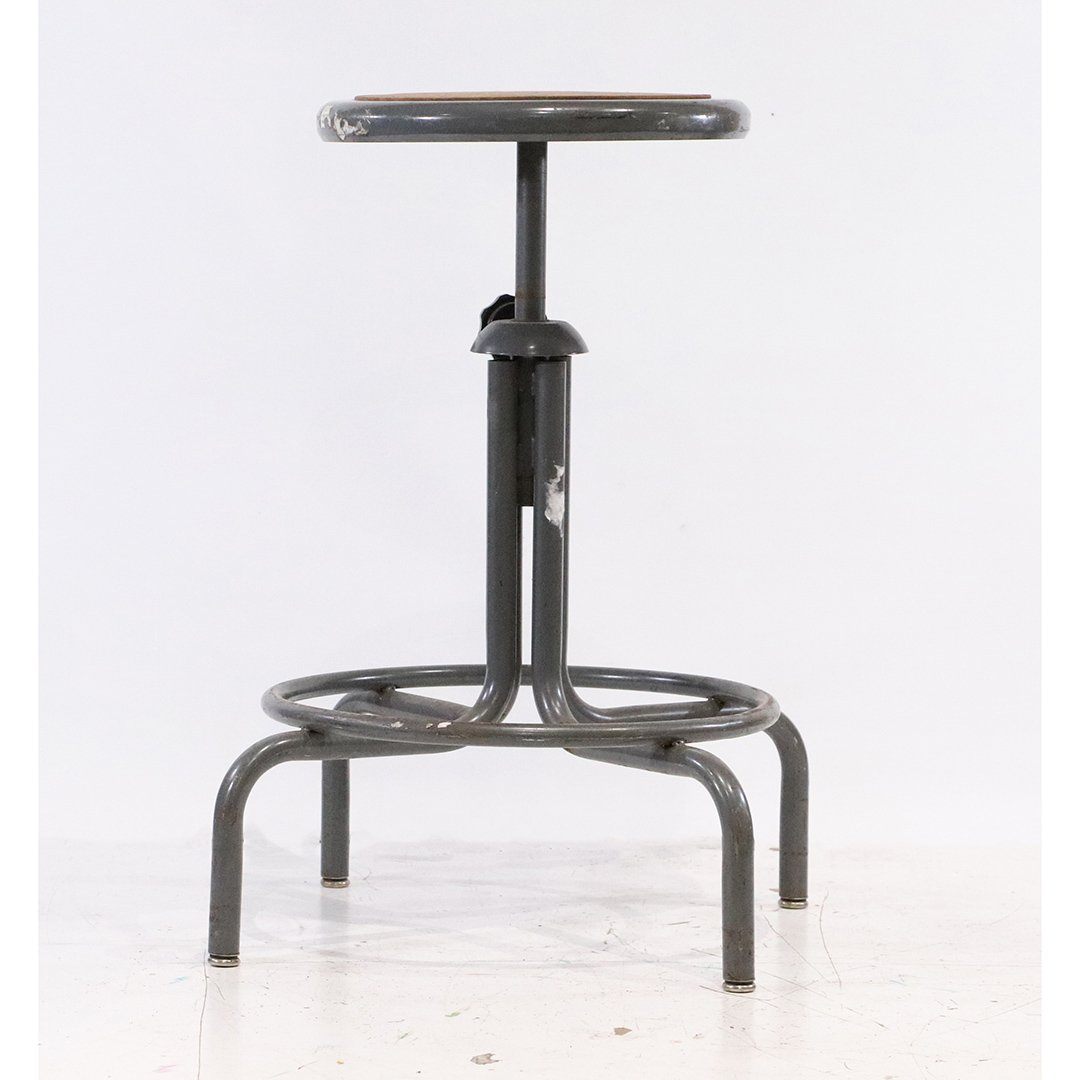 Grey Industrial High Adjustable Stool Round Seat, Clean: Grey Industrial High Adjustable Stool Round Seat, Clean. Mid-Century Modern. Size: 27 in. height, 22 in. wide; 14 in. seat diameter