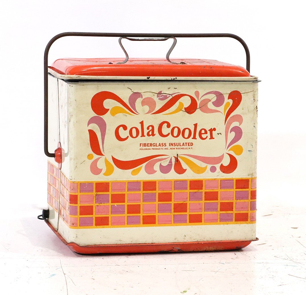 Mid-Century Modern COLA COOLER Pop Art Graphics: Mid-Century Modern COLA COOLER Pop Art Graphics, Cola-Cooler, Fiberglass Insulated, Poloron Products Inc, New Rochelle NY; Vintage Metal Travel Cooler with handle. Size: 16 in. height, 20 in. wide, 16