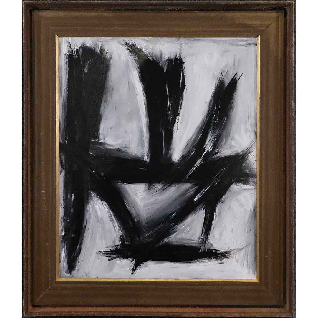 Pulgini after Franz Kline, Black and White Abstract O/b: Pulgini after Franz Kline, Black and White Abstract O/b. Oil on board painting, framed. Signed on verso. Nice strong image. Size: 20 in. x 24 in.; outer frame 26 in. x 30.5 in. ; Popular Philadelphia