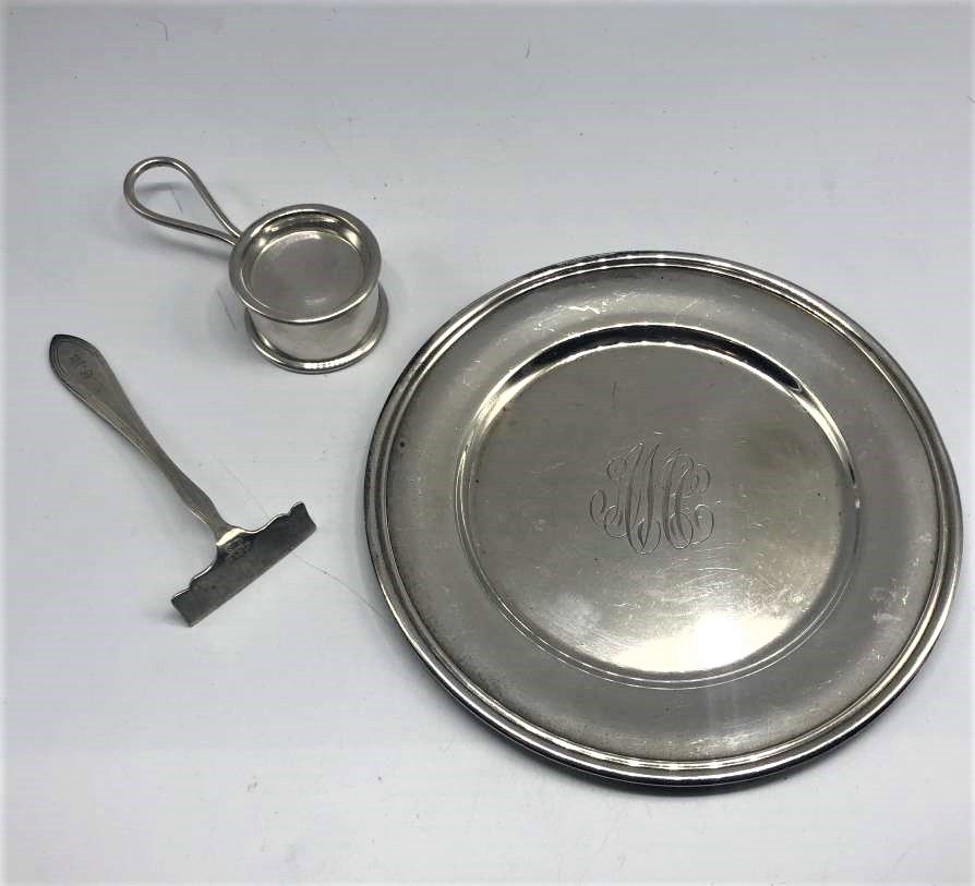 [3] Assorted Silver - Sterling Jigger, Dish & Crummer: [3] Assorted Silver - Sterling Jigger [test Sterling], Dish [test Sterling] & Crummer [hallmarked] .Size: Jigger 3.5 in. x 1 1/8 in; dish 6 in. diameter, 4 in. x 1 5/8 in.