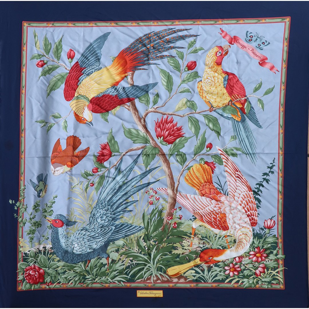 Silk Scarf: SALVATORE FERRAGAMO Omaggio ai Raineri: Silk Scarf: SALVATORE FERRAGAMO Omaggio ai Raineri. Exotic Birds. 100 % Silk. Clean. Size: 34.5 in. x 34.5 in.