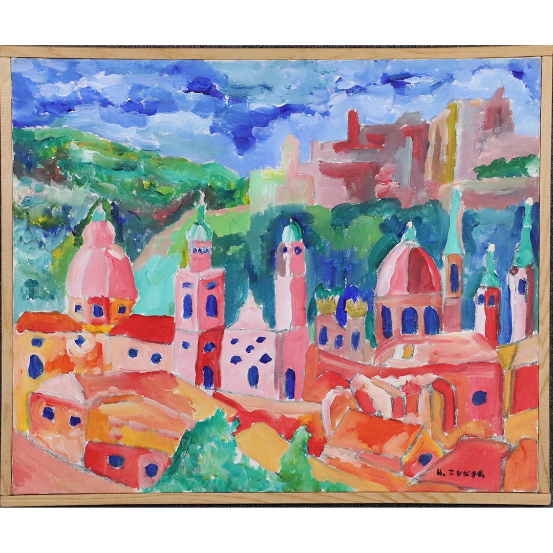 Herman Zuker Son of Jehudith Sobel Acrylic "Old City": Herman Zuker [1959-] accomplished Polish / American artist with Jewish roots. He has been painting since he was a child and had his first art exhibition at the age of 9 in the New Masters Gallery in N