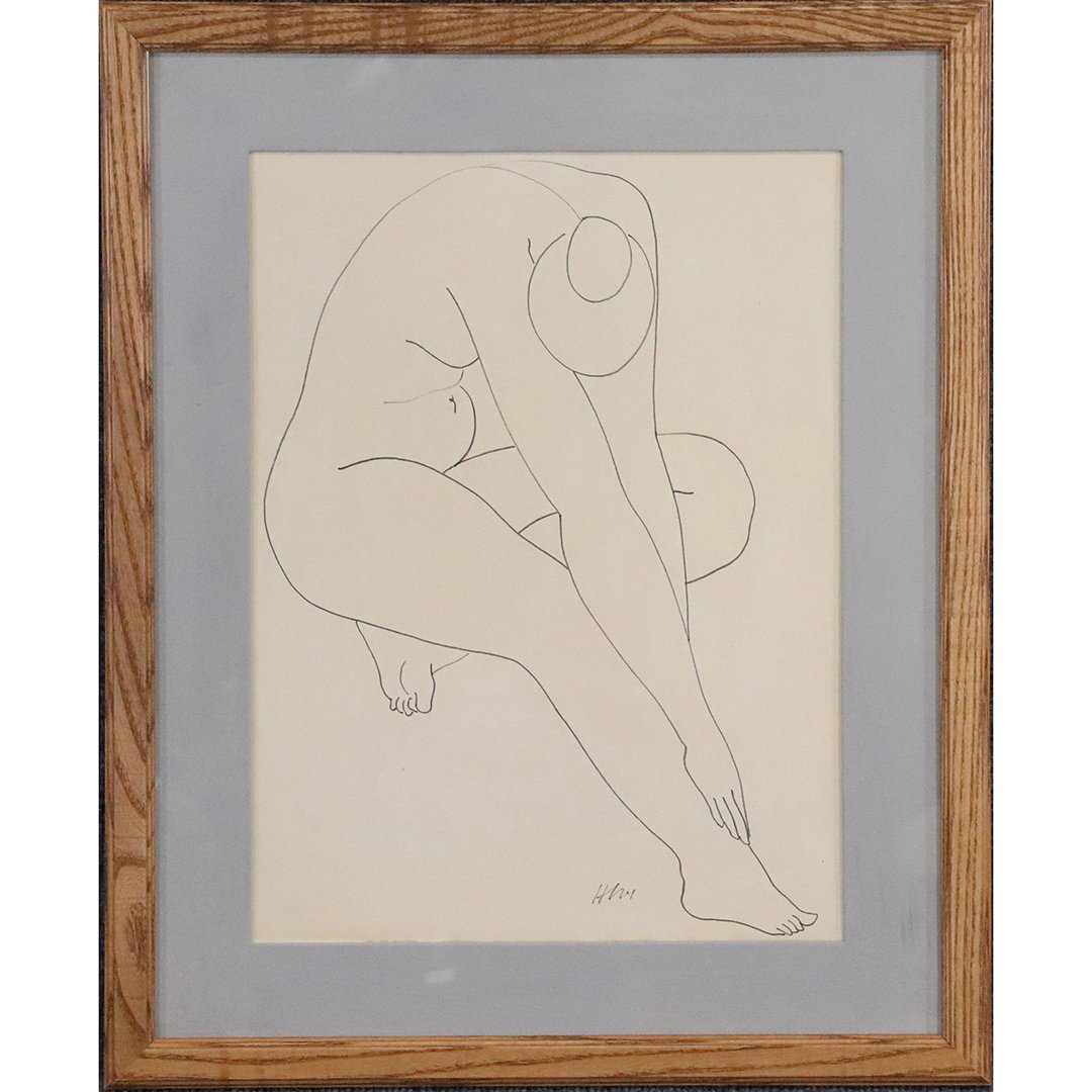 Manner of Henri Matisse, Nude Ink on Paper , Signed: Manner of Henri Matisse, Nude Ink on Paper glued down onto cardboard. , Signed. Framed. Size: image 16 in. x 12 in., outer frame 22 in. x 18 in.