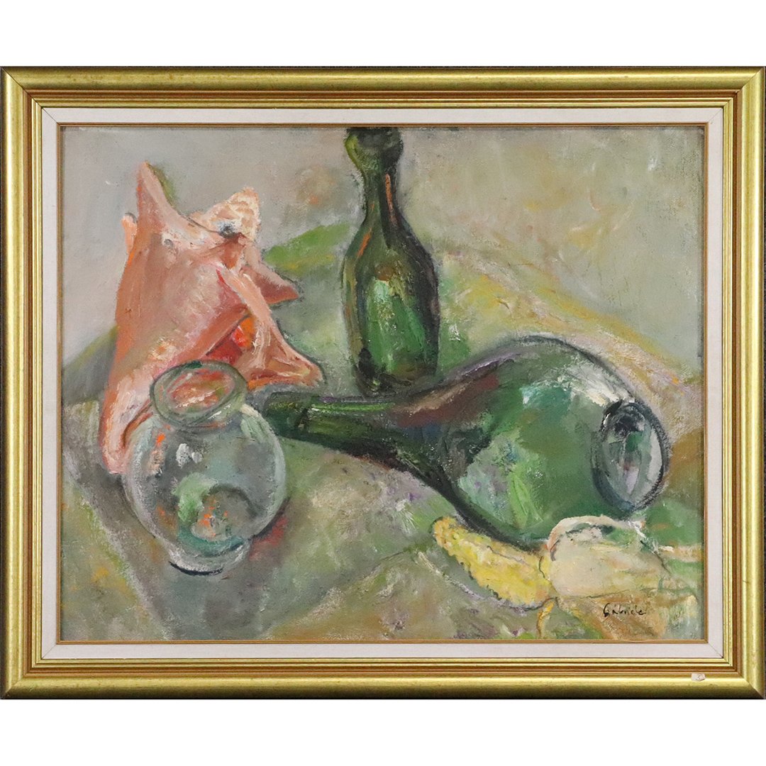 Gabriele Margules, Oil/b Mid-Century Modern Still Life: Gabriele Margules, Oil/b Mid-Century Modern Still Life. Kingston NY Artist. Oil on board painting. Signed, Original framing. Size: image 24 in. x 30 in. , outer frame 29 in. x 35 in.