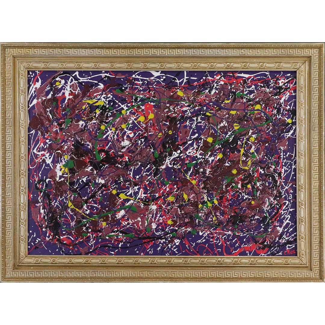 Jackson Pollock Style Mid-Century Drip Art Oil Painting: Jackson Pollock Style Mid-Century Drip Art Oil Painting. Oil on canvas painting. Signed lower right: Cruz. Nice quality, framed. Vintage. Size: image 25 in. x 36 in.; outer frame 32 in. x 42 in.