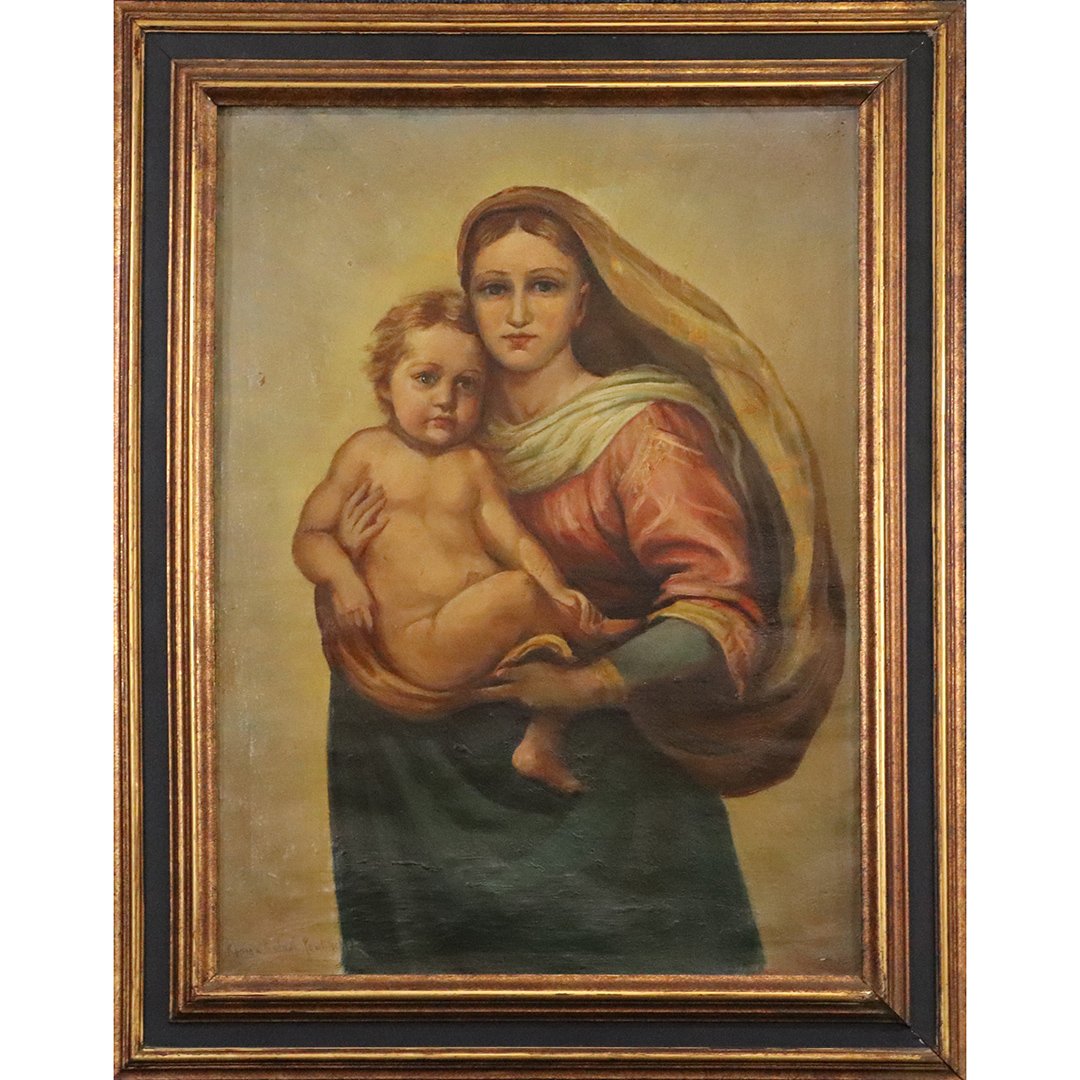 PAWLITSCHEK Fine Quality Madonna & Child Oil Painting: Signed Korign Rafael Pawlitschek, Fine Quality 19th C Religious Sistine Madonna & Child after Raphael. Oil on canvas painting, signed, framed, writing on backside wood stretchers. Size: image 29 in. x
