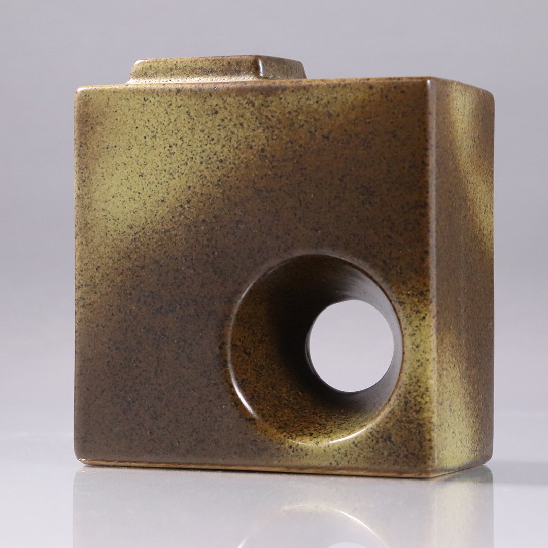 Mid-Century Pottery Geometric Vase Square & Circle: Mid-Century Pottery Geometric Vase Square & Circle. Nice quality and style. Numbered on base. Size: 5.5 in. height, 5 in. wide