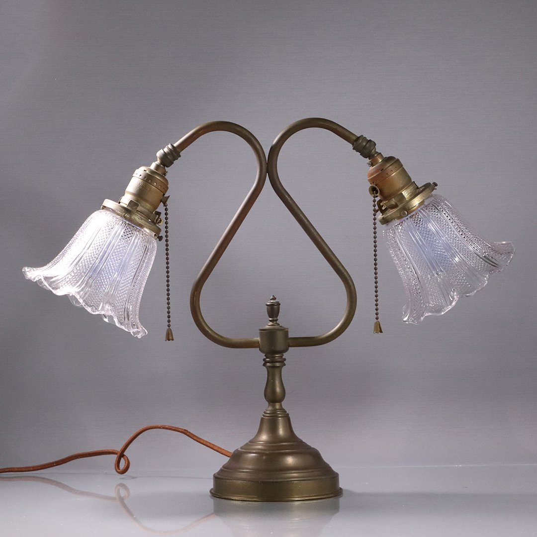 Brass Base Double Glass Shade Vintage Piano Lamp: Brass Base Double Glass Shade Vintage Piano Lamp. Wiring all good, lights fine. Size: 14 in. height, 18 in. wide