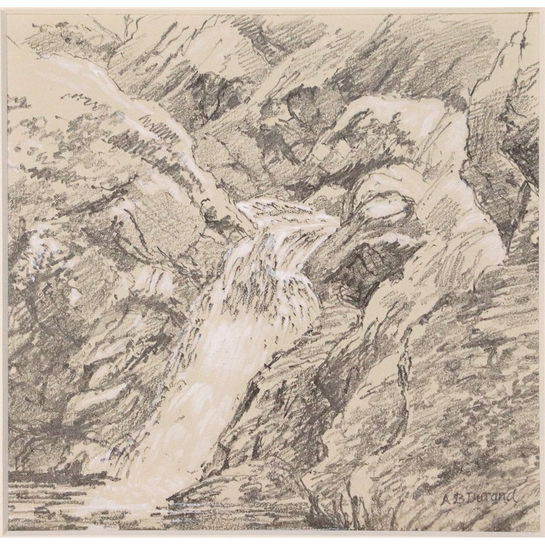 Asher Brown Drurand, Pencil Drawing Kaaterskill Falls: Asher Brown Drurand, Pencil Drawing Kaaterskill Falls, Haines Falls NY. Signed : A B Durand ; matted only, no frame. Size: image: ; 5 in. x 5 in.; outer mat 14 in. x 12 in.Asher Brown Durand (1796 - 1