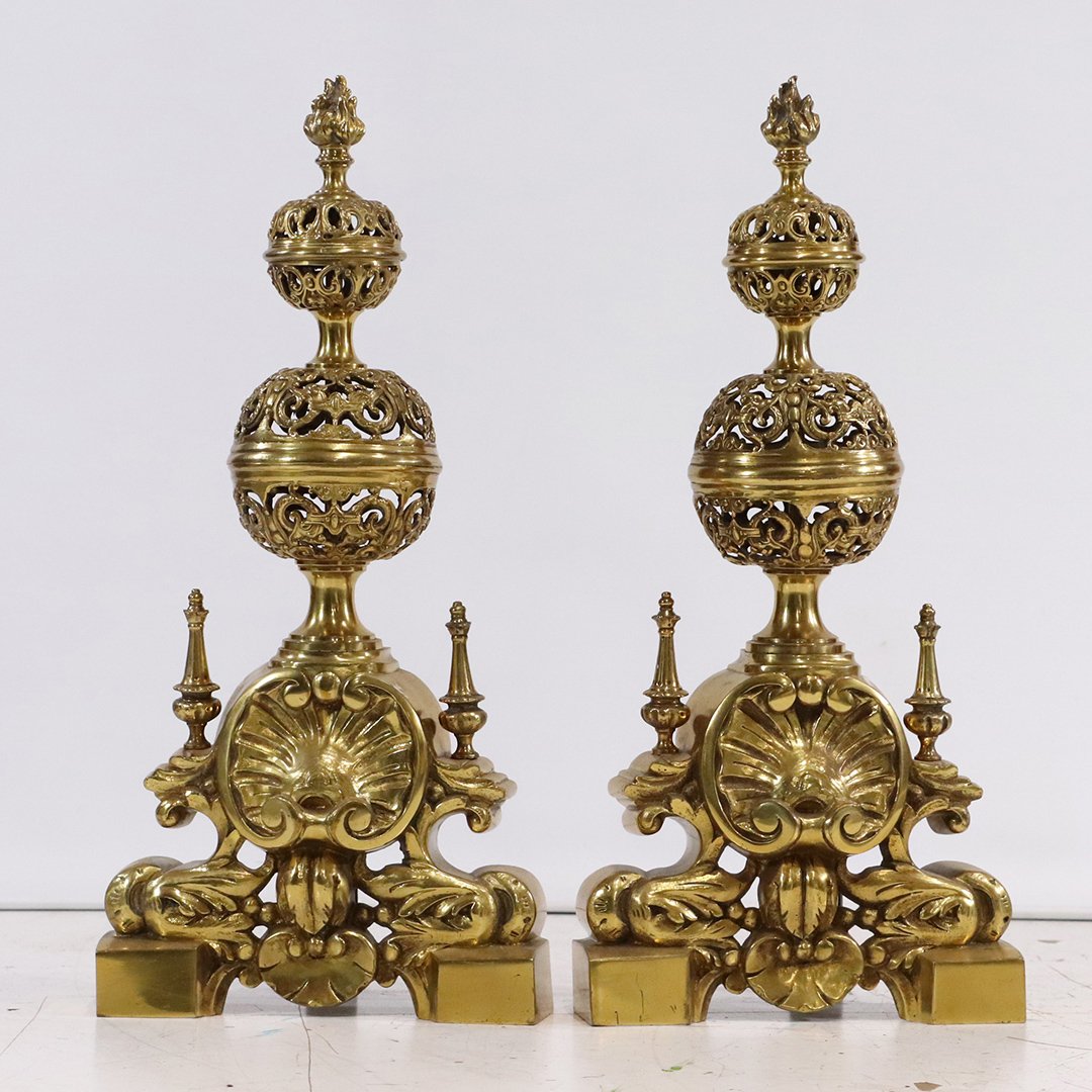 Pair Antique Bold French Baroque Brass Chenet Andirons: Pair Antique Bold French Baroque Brass Chenet Andirons. Heavy casting, all polished with lacquered finish. Clean. Nice quality. Size: 21.5 in. height, 10 in. wide