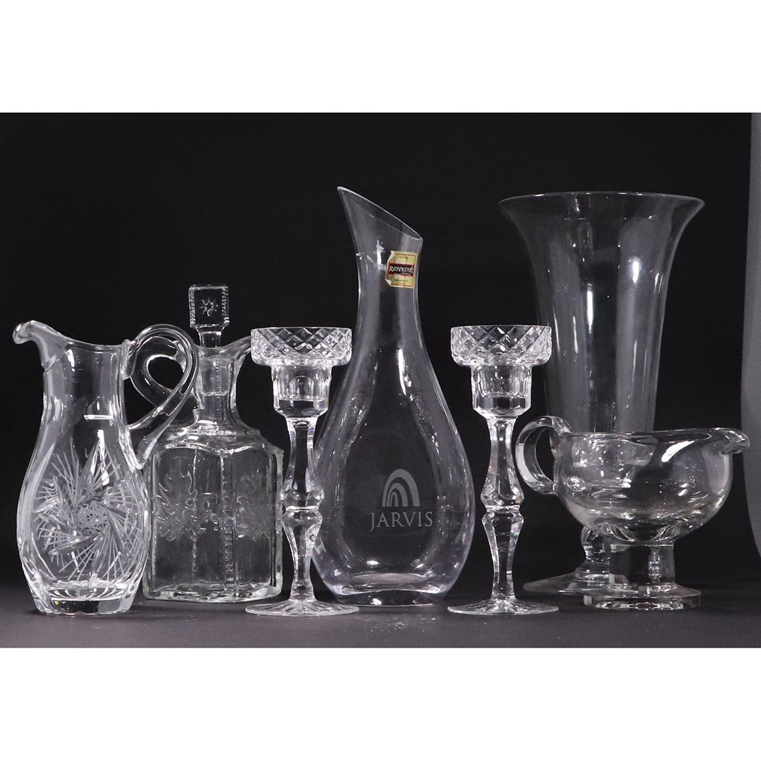 [7] Seven Assorted Clear Crystal Glass Pitchers, Candle: [7] Seven Assorted Clear Crystal Glass Pitchers, Candlesticks, decanter, vase. 2 signed: Ravenscroft, Tyrone. Size: range 5.5 in. to 22 in. heights.