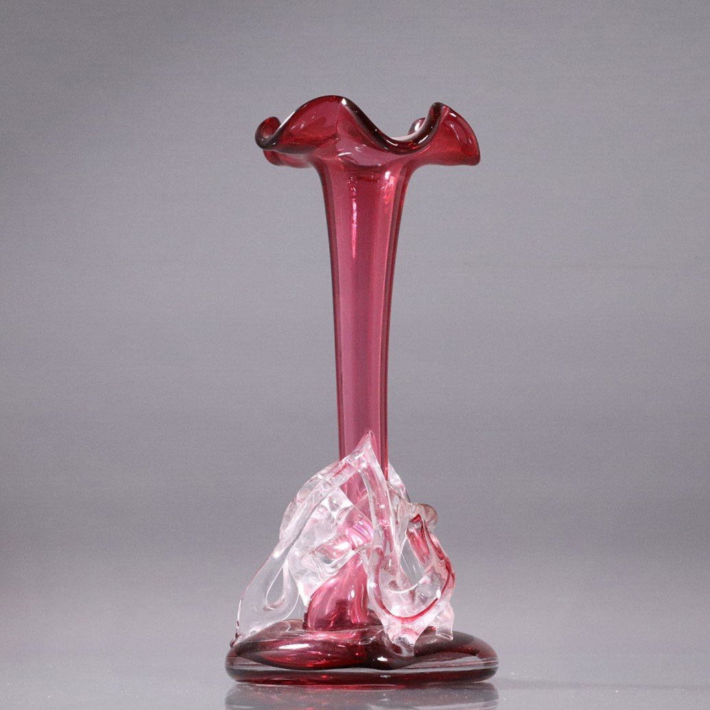 Angelo Rossi Studio Art Glass Sculpture Vase Cranberry: Angelo Rossi Studio Art Glass Sculpture Vase Cranberry. Signed on base and original label. Size: 14.5 in. height, 5.5 in. wide