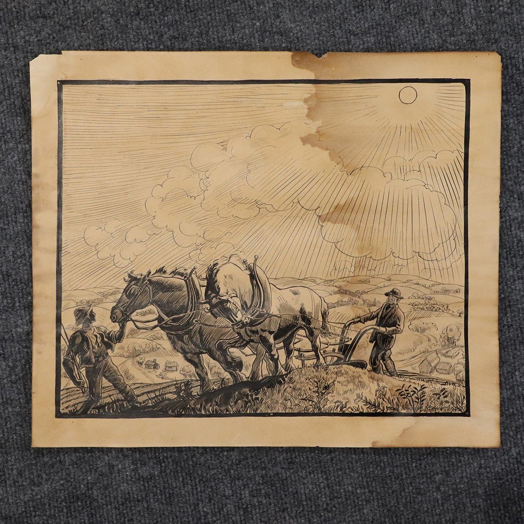 Rockwell Kent; American Pen and Ink Illustration Signed: Rockwell Kent; American Pen and Ink Illustration Signed.Pen and ink on paper. Plowing Under the Sun. Signed lower right and dated 1926; 11.5in. X 14in.(image), 13.5in. X 16in.(overall) (Note: Being so