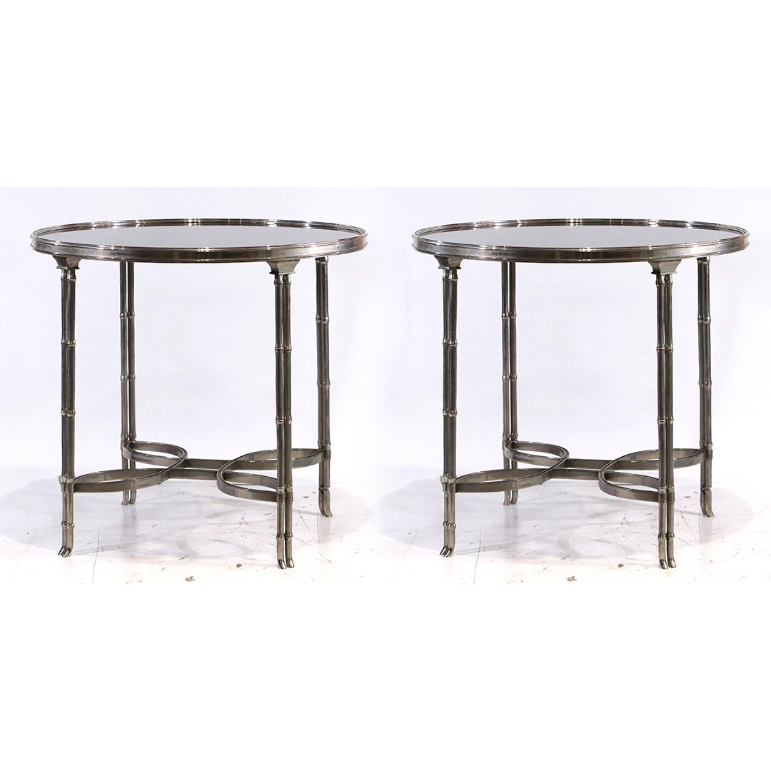 2 John Vesey Style Nickel plated Bronze & Marble Tables: Pair of John Vesey Style Nickel plated Bronze and Marble Tables.Pair of modernist end tables. Nickelplated bronze construction. Faux bamboo design. Circular black marble tops. High end, well construct