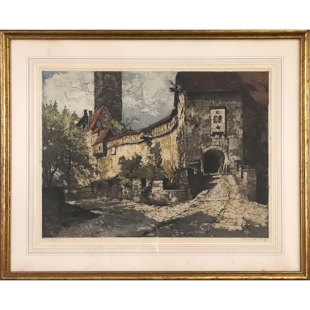 Luigi Kasimir; Etching & Aquatint Wartburg Castle Siged: Luigi Kasimir; Etching and Aquatint Wartburg Castle Signed.Etching and aquatint. Wartburg Castle, Germany. Pencil signed. Original gallery label on reverse; 17.5in. X 23.25in.(image size), 25.25in. X 