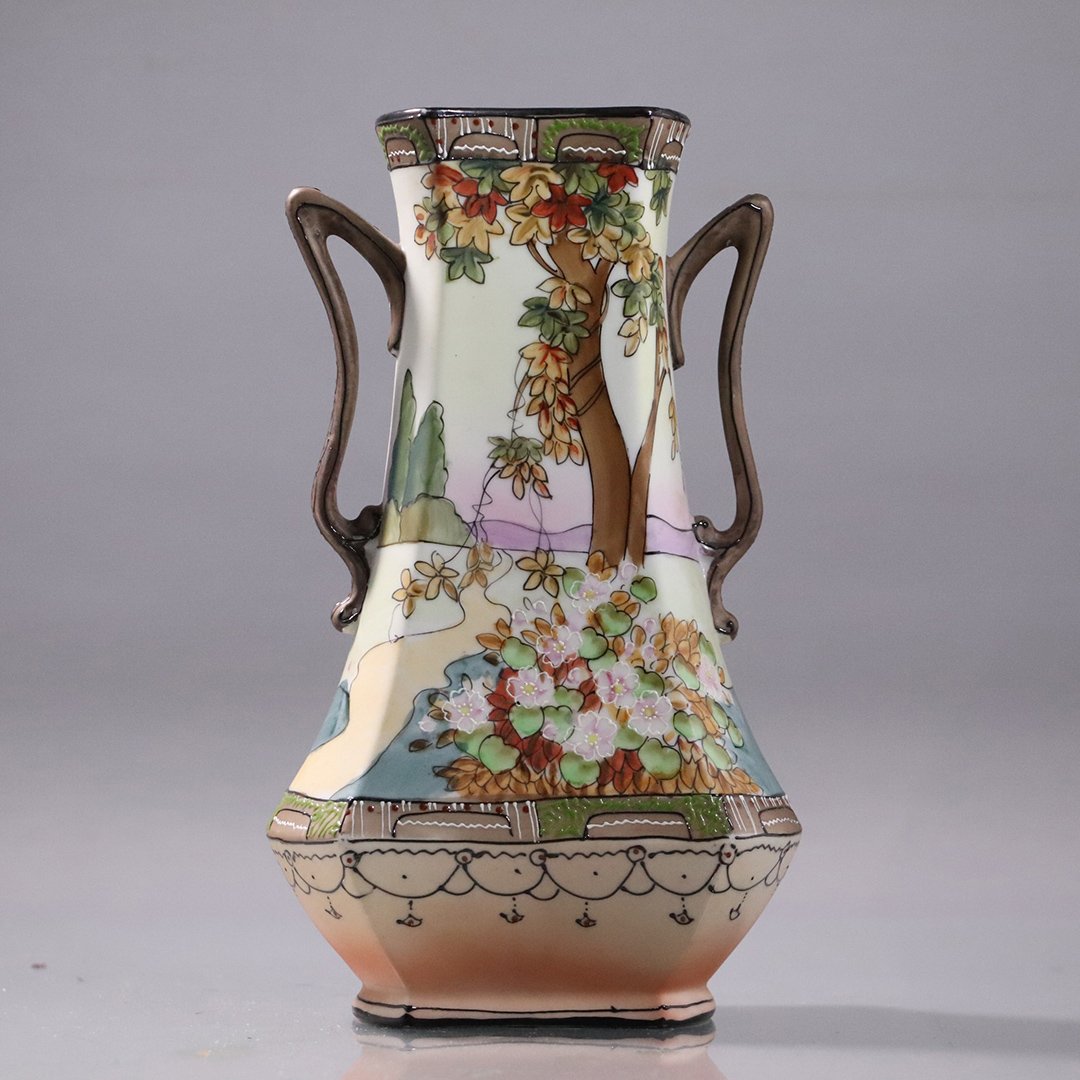 Imperial Nippon Handled Vase Arts & Crafts Landscape: Imperial Nippon Handled Vase Arts & Crafts Landscape. Imperial Nippon blue mark on base. Size: 9.5 in. height, 5. in. wide