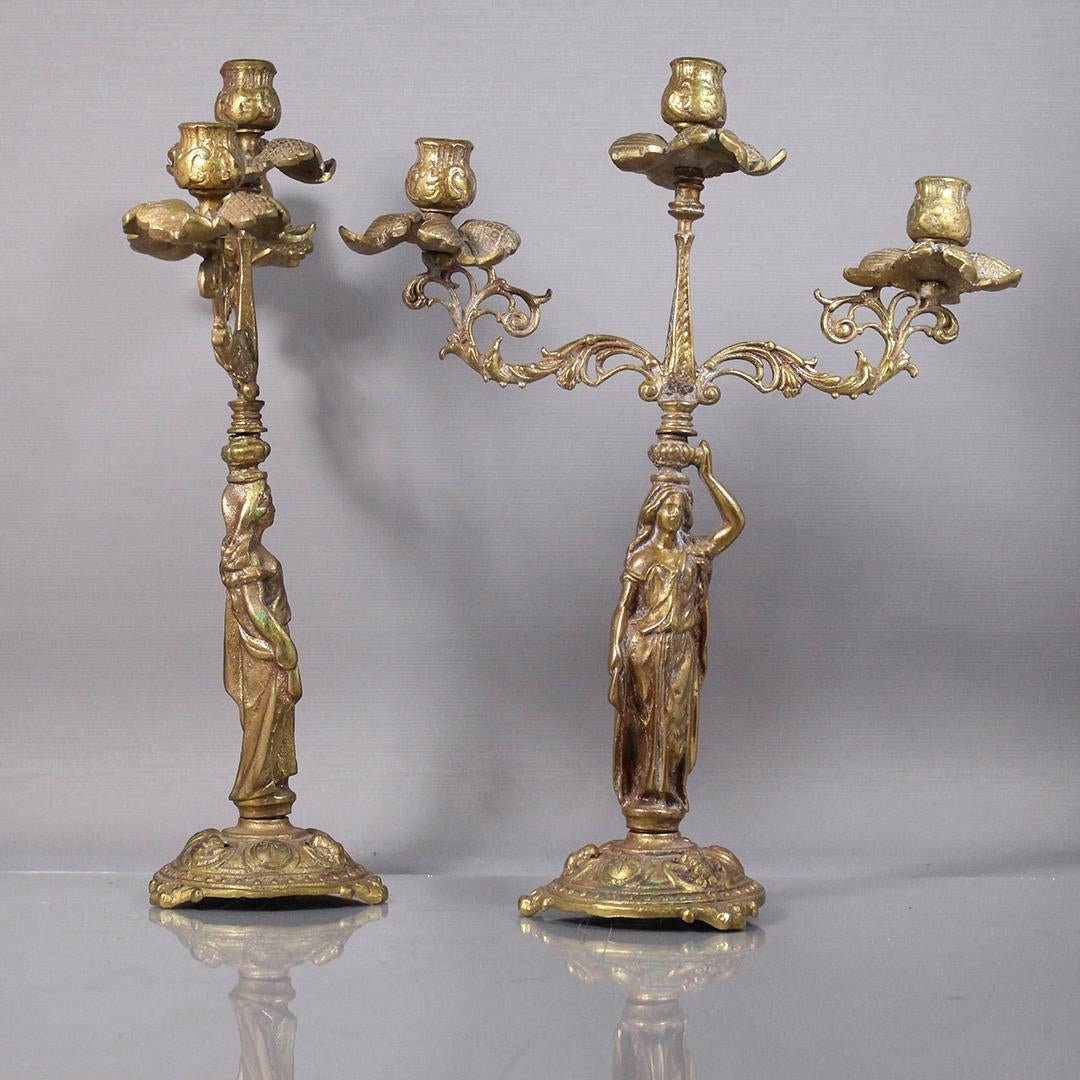 Pair Victorian Bronze 3- Light Candelabra Woman Figure.: Pair Victorian Bronze 3- Light Candelabra Woman Figure.Size: 14 in. height x 11 1/2 in. wide