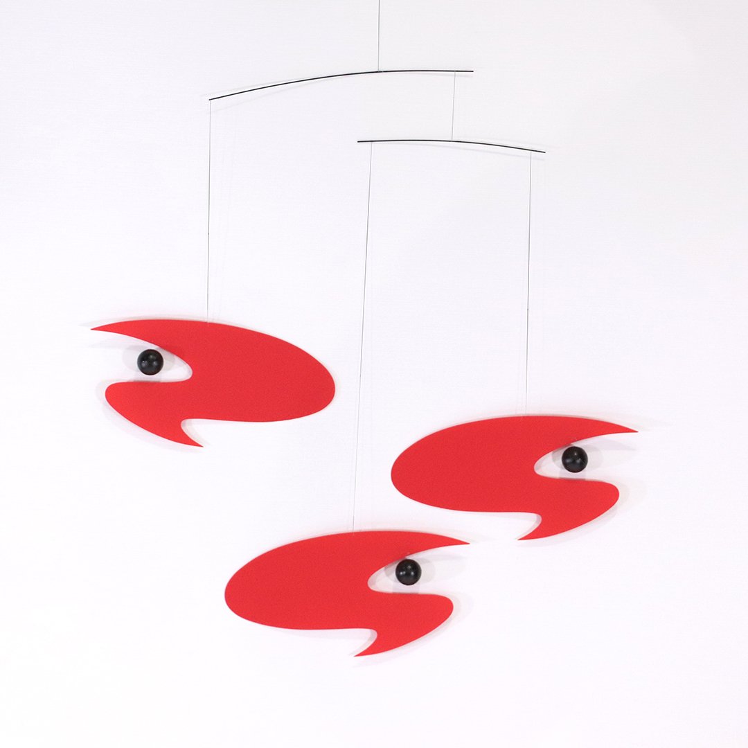 Ole Flensted Design Red Mobile "Stella Nova" with Box: Ole Flensted Design Red Mobile "Stella Nova" with Box. Mobile made of red plastic cutouts. Clean Size: 17 in. x 17 in.