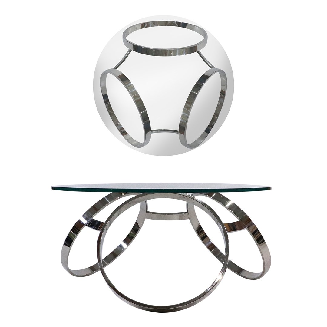 Milo Baughman Style Chrome Flat Bar 3 Ring Coffee Table: Milo Baughman Style Chrome Flat Bar 3 Ring Coffee Table. Round Glass Top. Size: 16 in. height, 34 in. diameter.