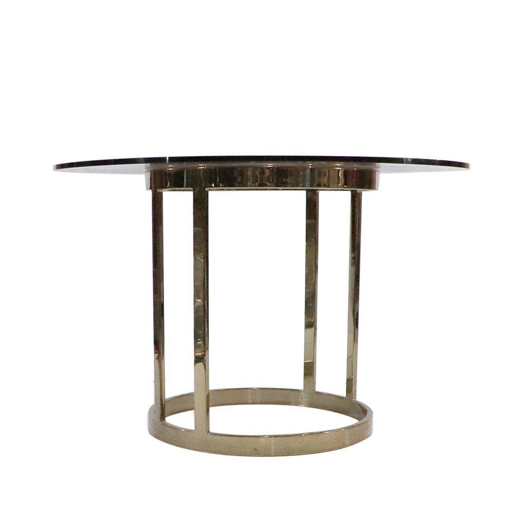 Mid-Century Modern Round Smoke Glass Top Stand: Mid-Century Modern Round Smoke Glass Top Stand. Gold Tone round metal base. Size: Size: 20.5 in. height, 31 in. diameter