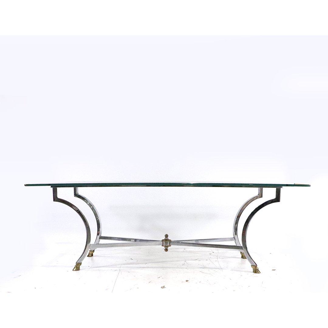 Maison Jansen Style Chrome Brass Hoof Feet Coffee Table: Maison Jansen Style Chrome and Brass Hoof Feet Coffee Table. Glass Top. Size: 17 in. height, 50 in. length x 25 in. wide top.