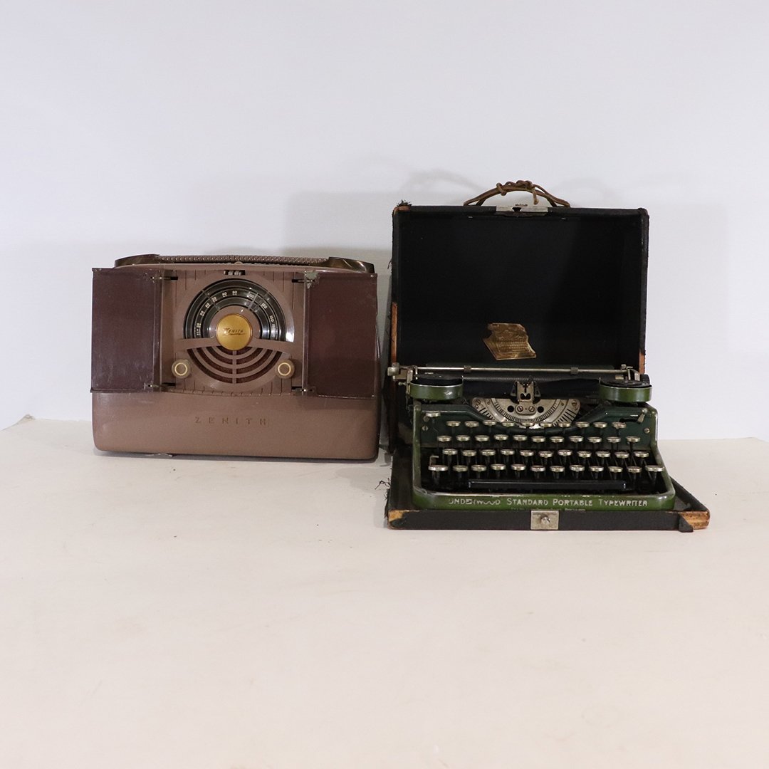 Mid-Century Zenith Radio, Underwood Standard Typewriter: Mid-Century Zenith Radio [as-is door repaired See Pic], Underwood Standard Portable Typewriter in original case. Size: radio: 10 in. height, 13.5 in. length, 5.5 in. wide; typewriter 6 in. height, 12.