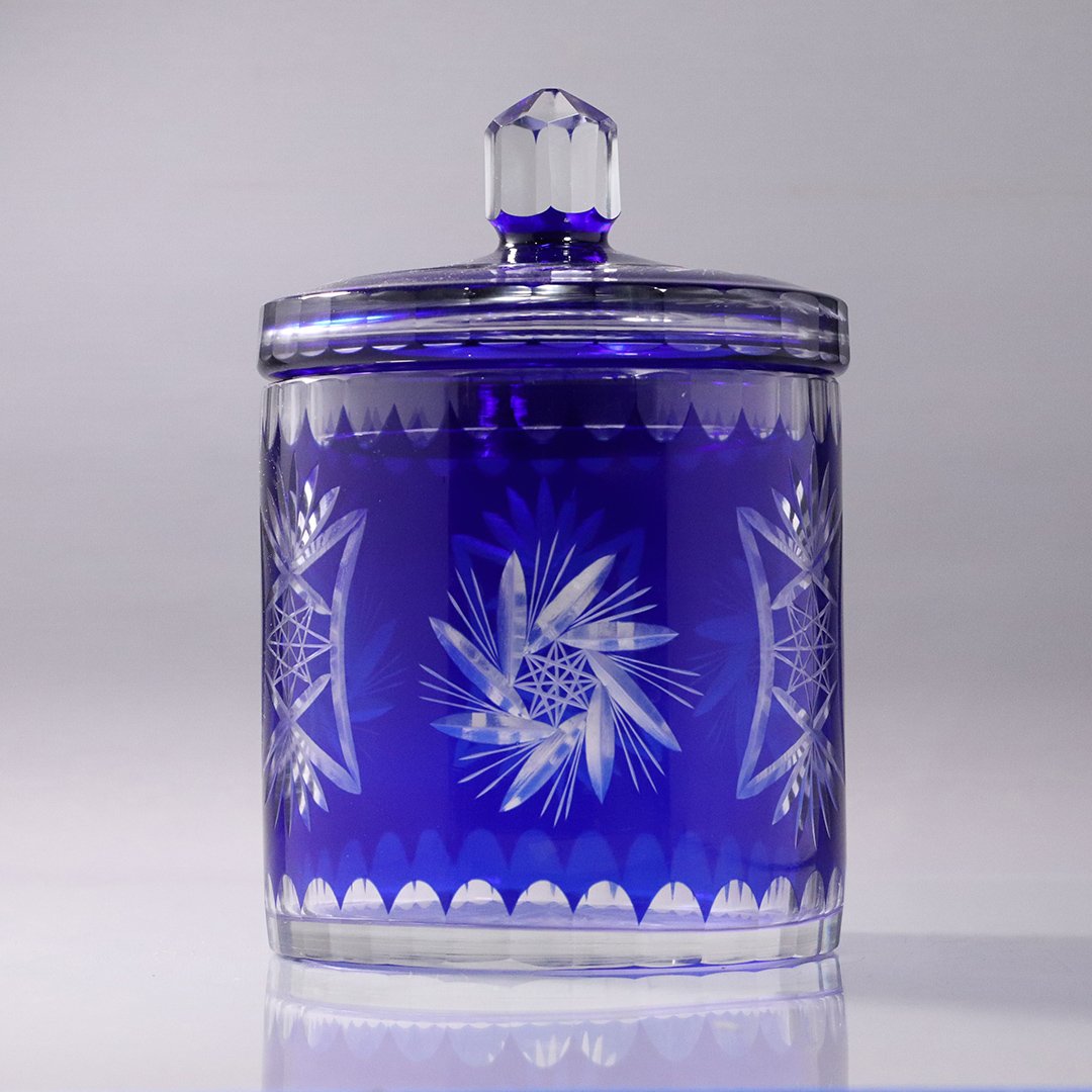 Bohemian Blue Cut to Clear Glass Cookie Jar with Cover: Bohemian Blue Cut to Clear Glass Cookie Jar with Cover. Size: 9.5 in. height, 6.5 in. wide