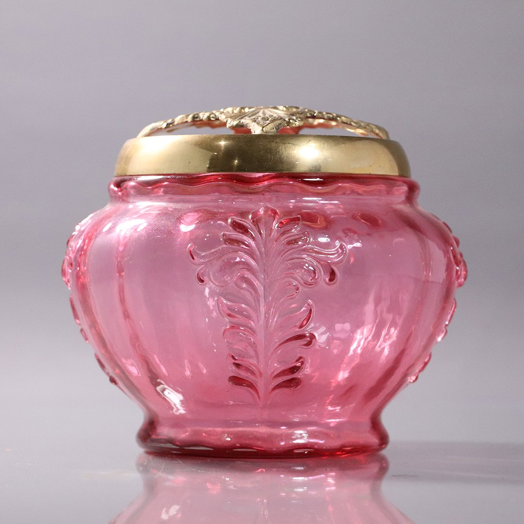 Fenton Cranberry Glass Bowl Vase, Metal Openwork Top: Fenton Cranberry Glass Bowl Vase, Metal Openwork Top. Size: 5.5 in. height, 6 in. wide