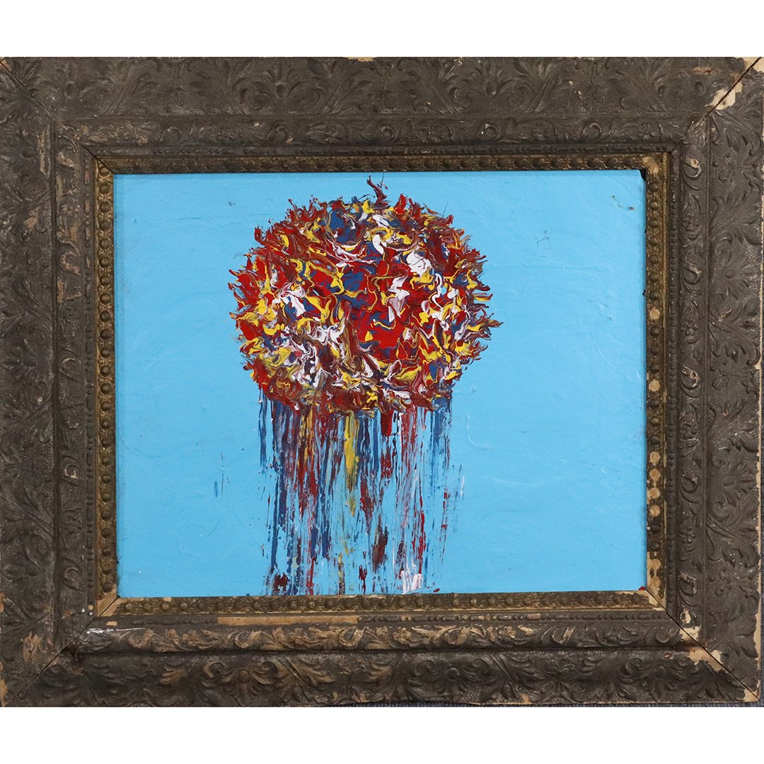 Pulgini, Mid-Century Modern Abstract Drip Comet O/c: Pulgini, Mid-Century Modern Abstract Drip Comet O/c. Oil on canvas painting, Signed on verso. Size: image 16 in. x 20 in. ; outer frame 24.5 in. x 28.5 in.