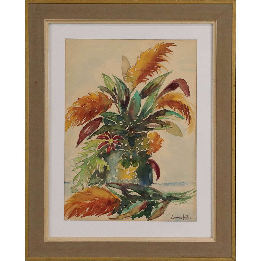 Laura Hills, Autumn Flower Arrangement Vase Watercolor: Laura Hills, Autumn Flower Arrangement in Vase Watercolor painting. Signed, framed. Attributed to Laura Coombs Hills. Size: image 15 in. x 11 in. ; outer frame 21.25 in. x 17.25 in. ; Laura Coombs Hil