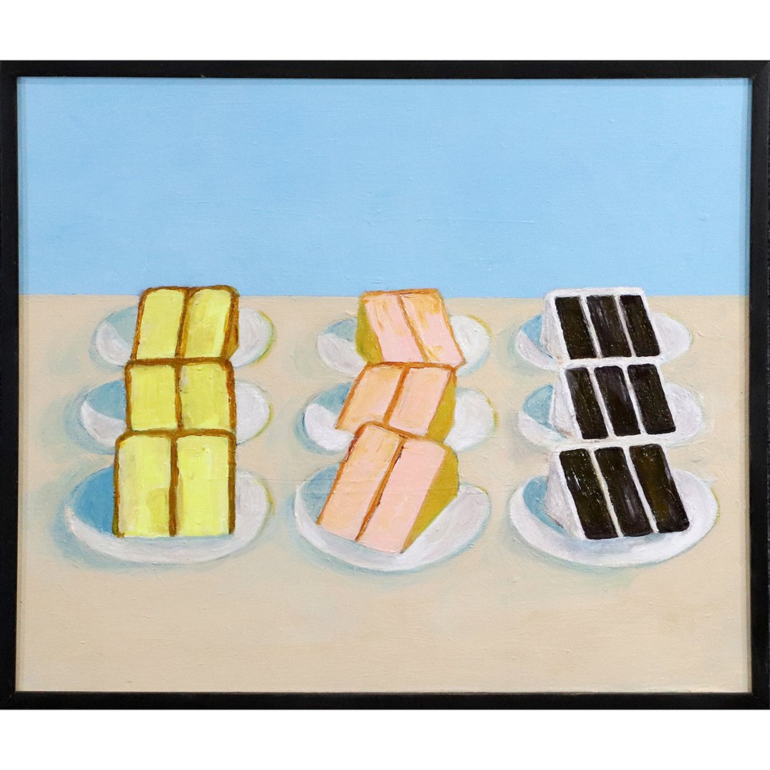 Manner of Wayne Thiebaud, Oil/c Slices of Cake Painting: Manner of Wayne Thiebaud, Oil/c Slices of Cake Painting . Oil on canvas. Unsigned, there is an Estate Stamp on verso, hard to read, and an inventory number. Size: image: 18 in. x 21.5 in. ; outer fram